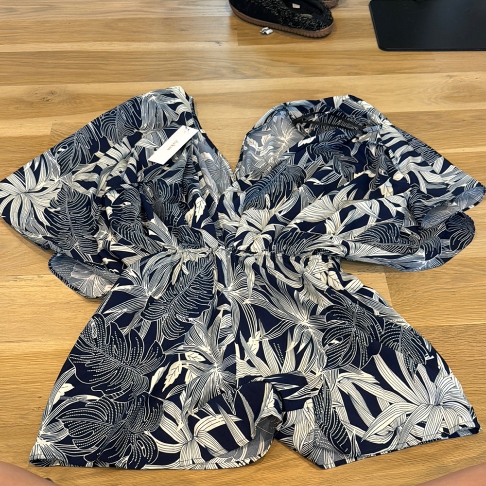 Navy and White Leaf Print Romper
